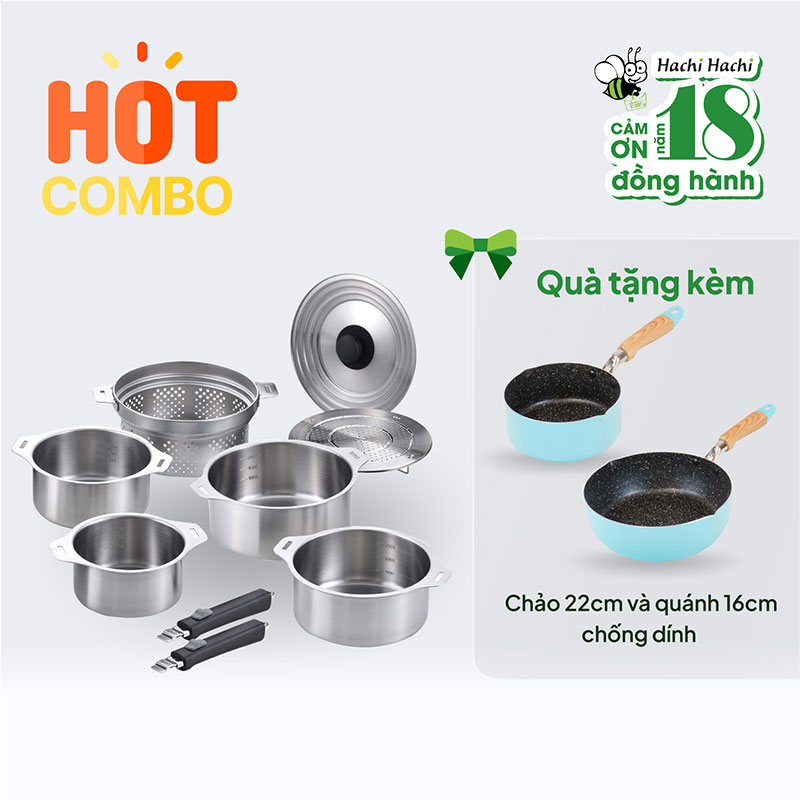 Combo mua Bộ nồi inox Nhật Bản Wahei Freiz 9 món chỉ 3.490.000đ tặng thêm Chảo 22cm và quánh 16cm chống dính