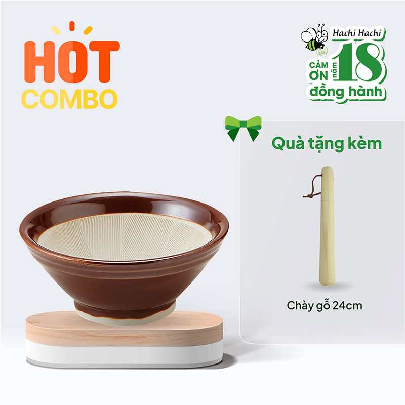 Combo mua Cối Nhật Bản Suribachi 14.2cm tặng Chày gỗ 24cm