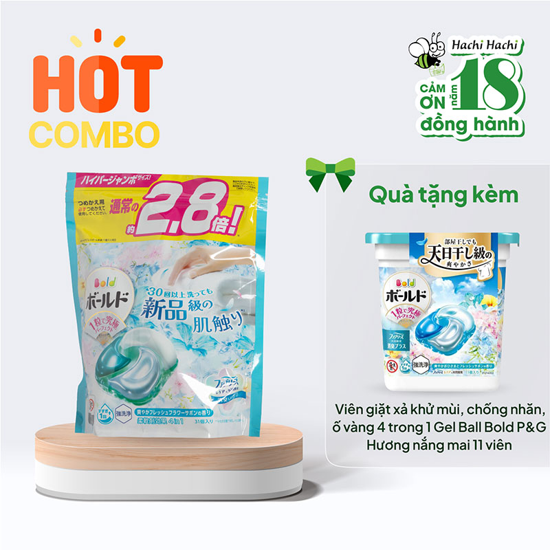 Combo mua Viên giặt xả khử mùi chống nhăn 4D Gel Ball Bold P&G hương nắng mai 31 viên tặng hộp 11 viên