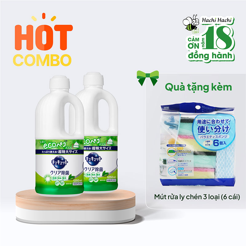 Combo 2 Nước rửa chén Kao chống khuẩn khử mùi hương trà xanh 1.25L chỉ 275,000VND tặng Mút rửa ly chén (6 cái)