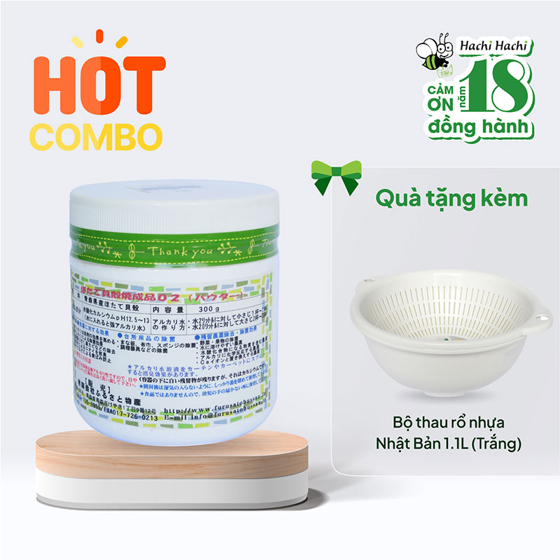Combo Bột rửa rau quả từ vỏ sò điệp Hotate 300g chỉ 279,000đ tặng thêm Bộ thau rổ nhựa Nhật Bản 1.1L (Trắng)
