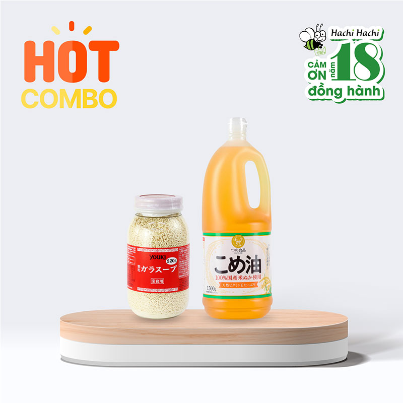 Combo dầu gạo Tsuno nguyên chất 1.5kg (1636ml) và Hạt nêm chiết xuất thị và rau Youki 520g
