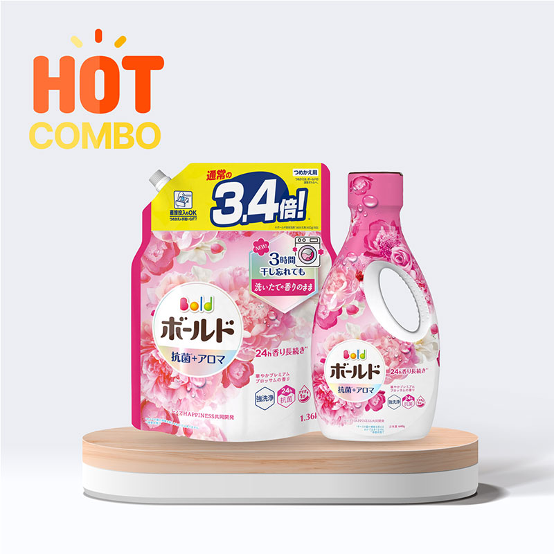 Combo Nước giặt chống khuẩn khử mùi Bold P&G 640g Hương hoa quý phái chai  640g và túi refill 1.36kg