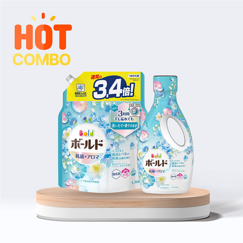 Combo Nước giặt chống khuẩn khử mùi Bold P&G 640g Hương hoa tươi mát chai 640g và túi refill 1.36kg