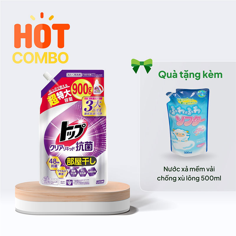 Combo mua nước giặt kháng khuẩn Lion Top tặng Nước xả mềm vải chống xù lông 500ml