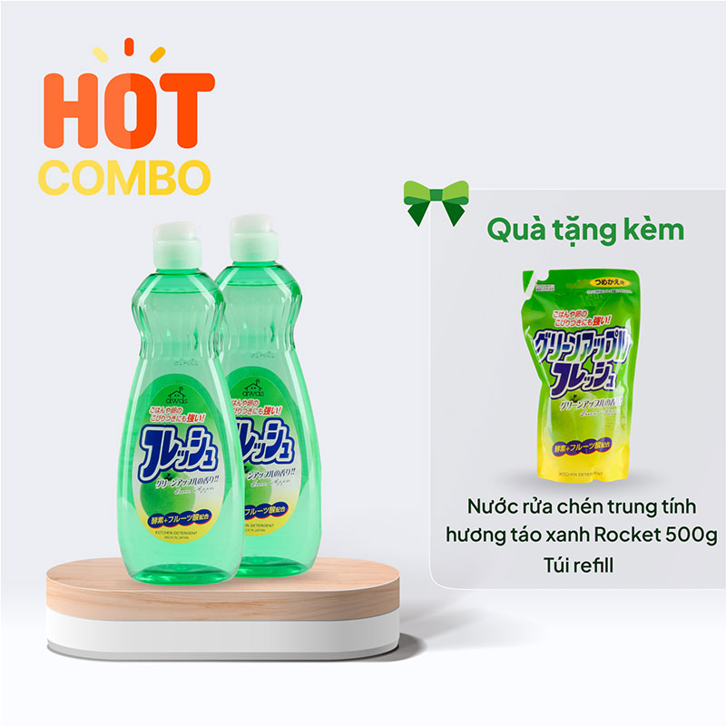 Combo mua 2 chai Nước rửa chén trung tính hương táo xanh Rocket 600g tặng 1 túi refill 500g