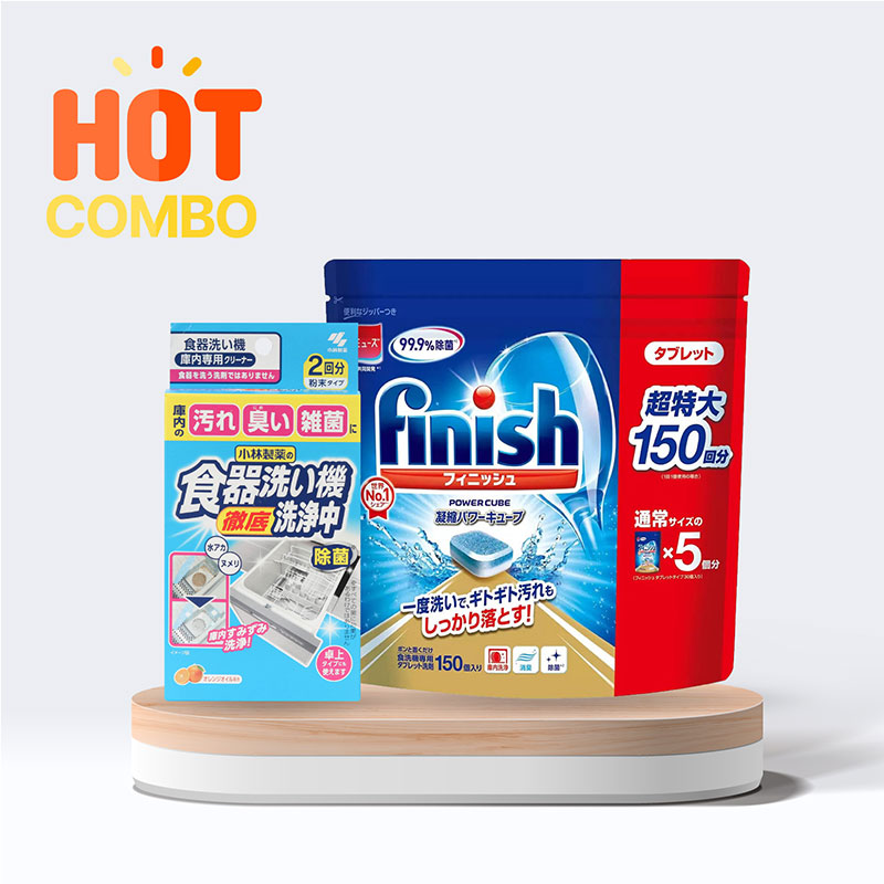 Combo Viên rửa chén Finish khử mùi kháng khuẩn 150 viên và Bột tẩy rửa vệ sinh máy rửa chén  Kobayashi 