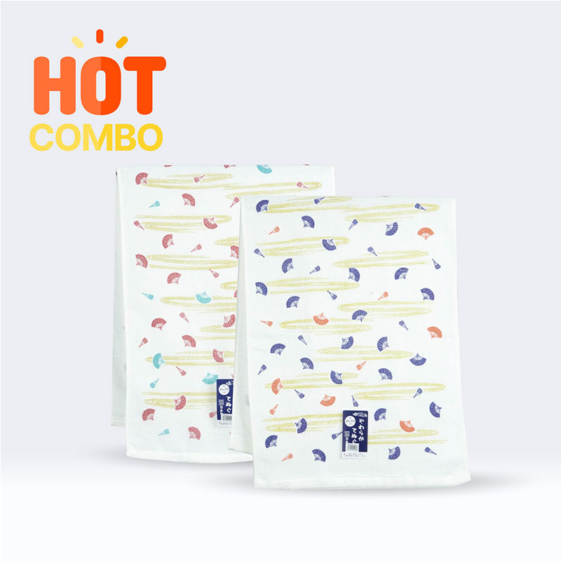 Combo 2 Khăn Tenugui cotton Nhật Bản Nissen 34x90cm Japanese Folding Fan (màu Navy Blue và Red)