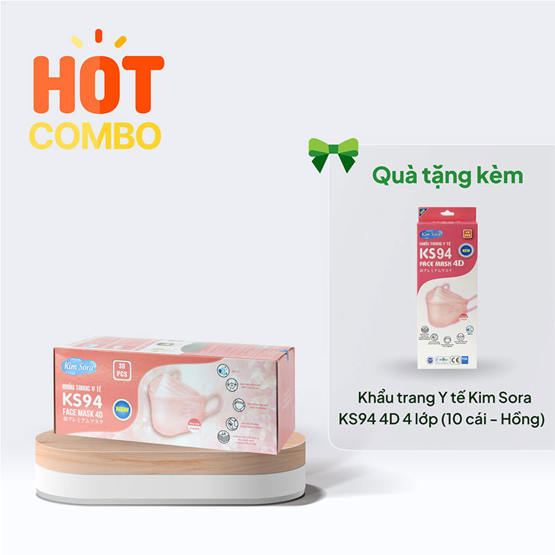 Combo mua Khẩu trang Y tế Kim Sora KS94 4D 4 lớp (30 cái - Hồng) tặng Hộp 10 cái