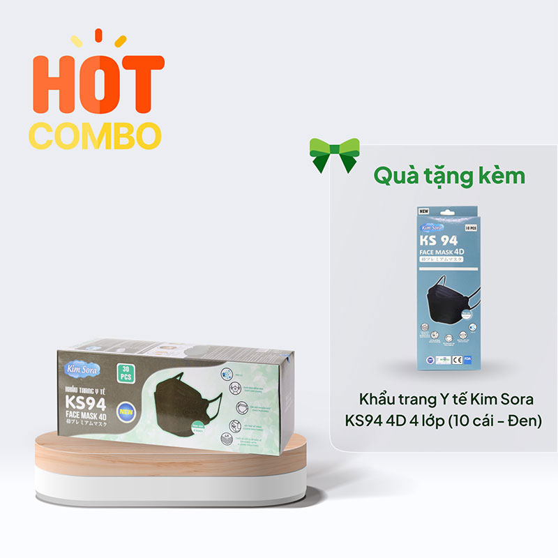 Combo mua Khẩu trang Y tế Kim Sora KS94 4D 4 lớp (30 cái - đen) tặng Hộp 10 cái
