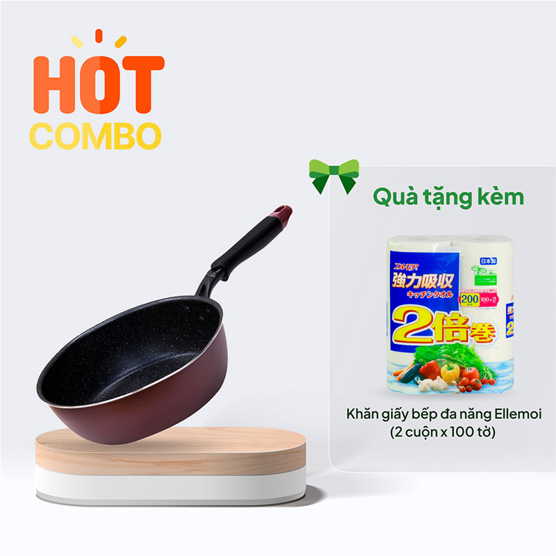 Combo mua Chảo chống dính đá hoa cương 24cm sâu lòng tặng Khăn giấy bếp đa năng Ellemoi (2 cuộn x 100 tờ)