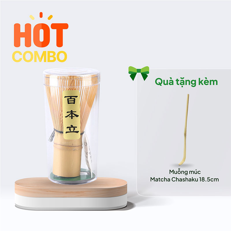 Combo mua Chổi Chasen đánh Matcha 100 sợi nan tặng Muỗng múc Matcha Chashaku 18.5cm