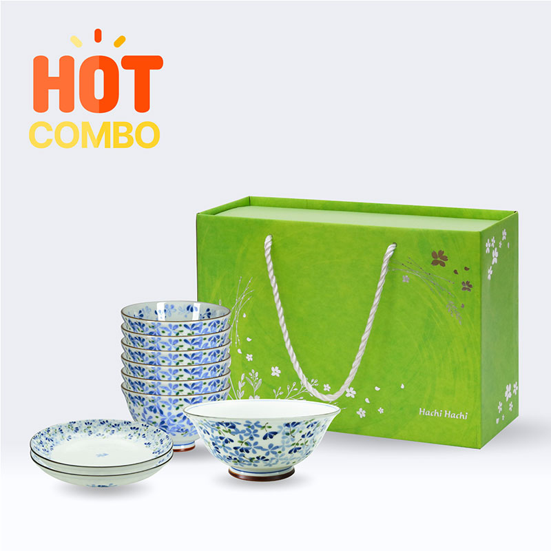 Combo gốm Nhật Bản (6 chén 12cm, 1 tô 19.2cm, 2 đĩa 16.5cm)