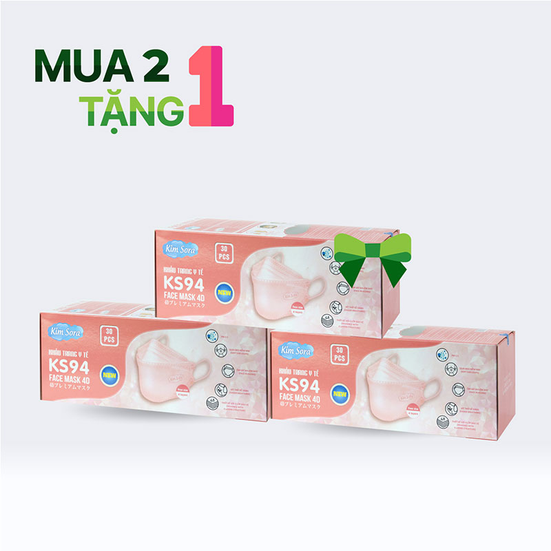 Combo mua 2 tặng 1 Khẩu trang Y tế Kim Sora KS94 4D 4 lớp (30 cái - Hồng)