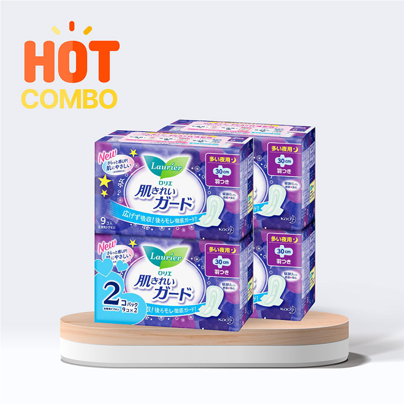 Combo 2 gói  Băng vệ sinh ban đêm siêu thấm có cánh Laurier 30cm 18 miếng