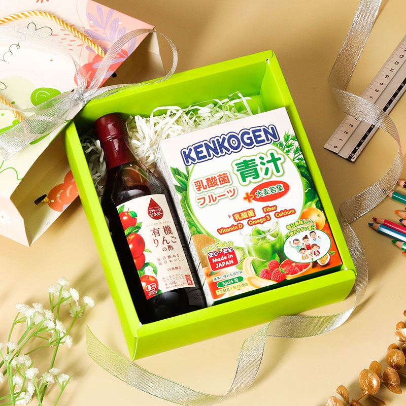 Giftset 20/11 Bột mầm lúa mạch non Nhật Bản Kenkogen trái cây lợi khuẩn 24 gói và Giấm táo Organic Uchibori 360ml