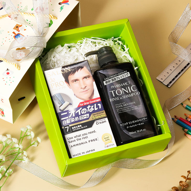 Giftset 20/11 Kem nhuộm tóc bạc không mùi cho nam Salon De Pro Mca7 Màu đen tự nhiên và Dầu gội xả dành cho nam Pharmaact cool 550ml