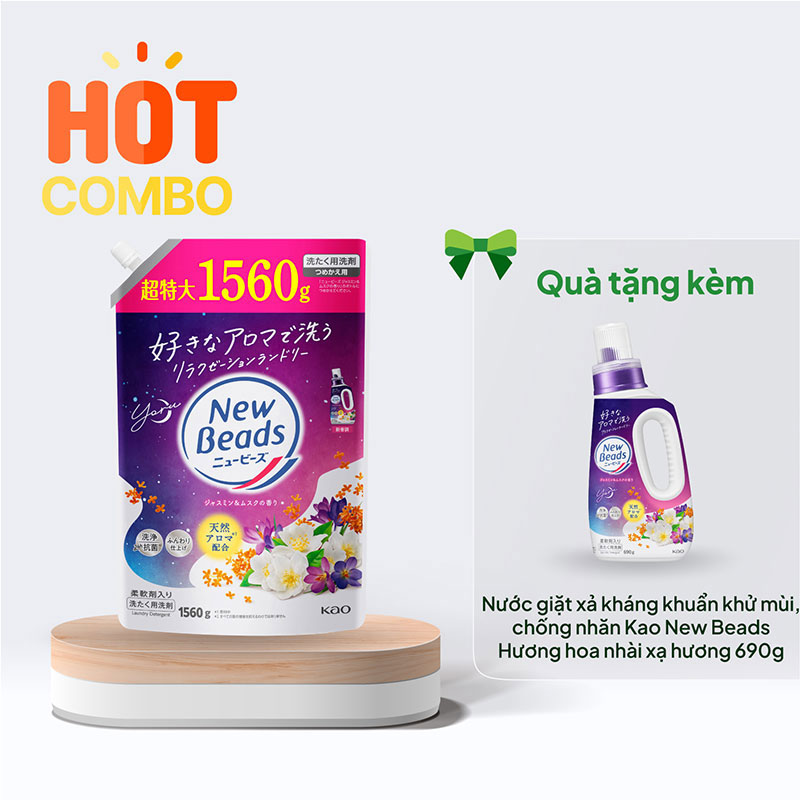 Combo siêu hời mua Nước giặt xả kháng khuẩn khử mùi Kao Hương nhài xạ hương túi 1560g tặng chai 690g cùng loại