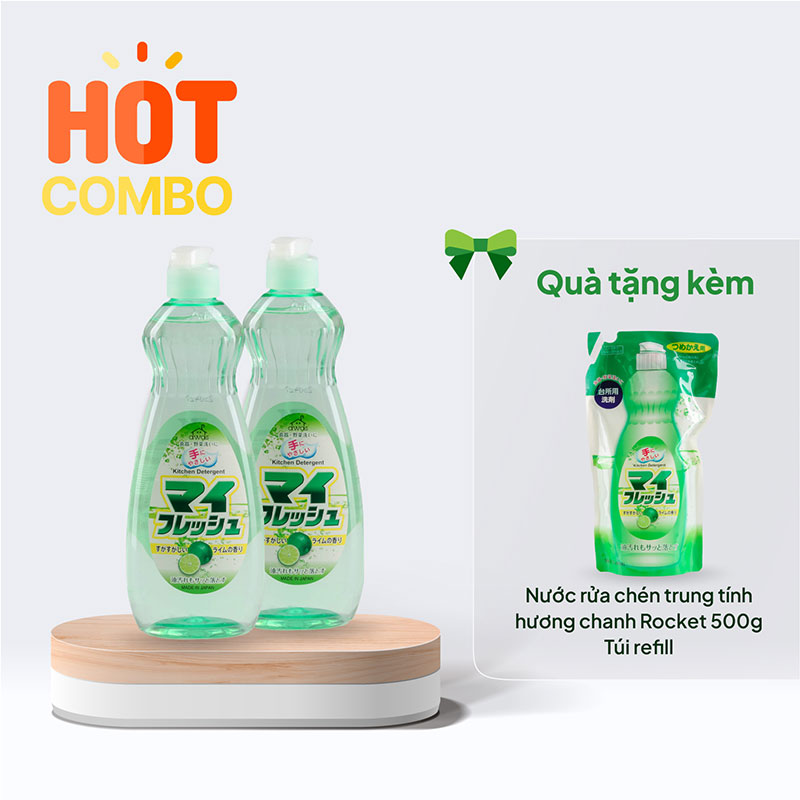 Combo siêu hời mua 2 chai Nước rửa chén trung tính hương chanh Rocket 600g tặng túi refill 500g cùng loại