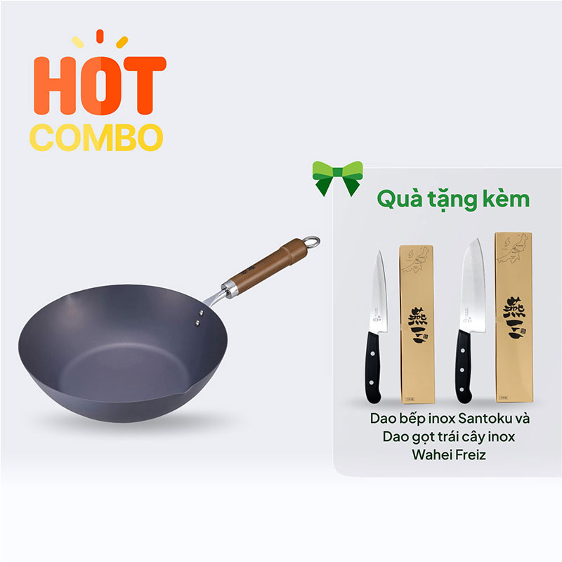 Combo siêu hời mua Chảo sắt Nhật Bản cao cấp Kou Tetsu chống gỉ sét 28cm Sâu lòng TẶNG 2 dao Wahei Freiz 