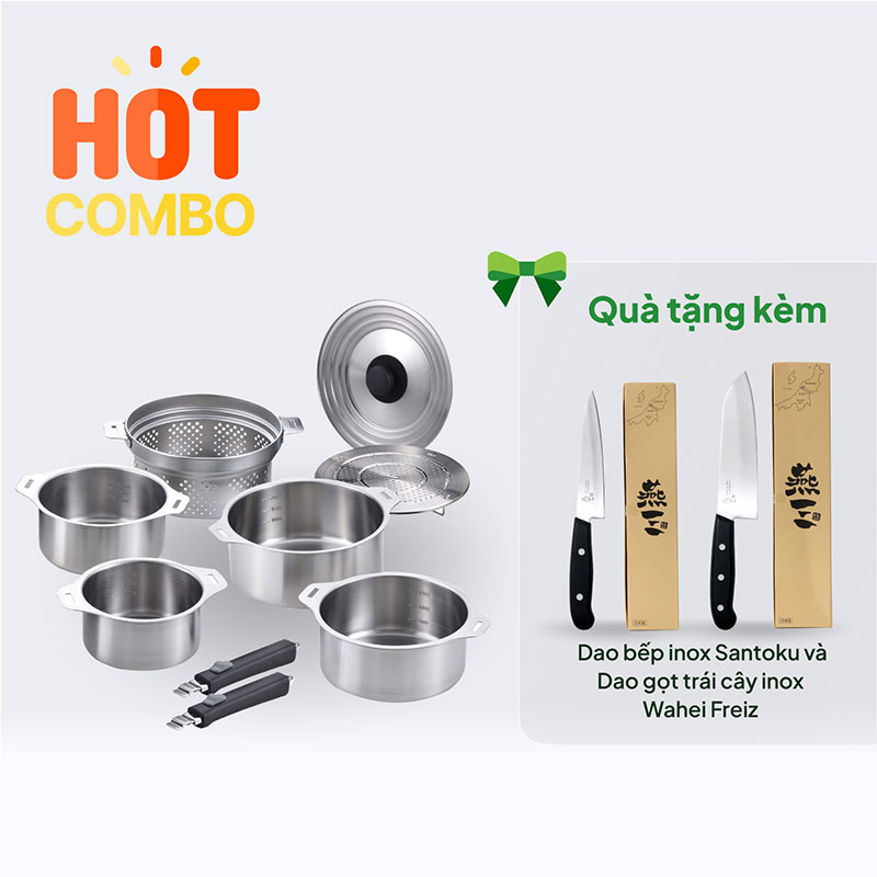 Combo siêu hời mua Bộ nồi inox Nhật Bản Wahei Freiz 9 món TẶNG 2 dao Wahei Freiz