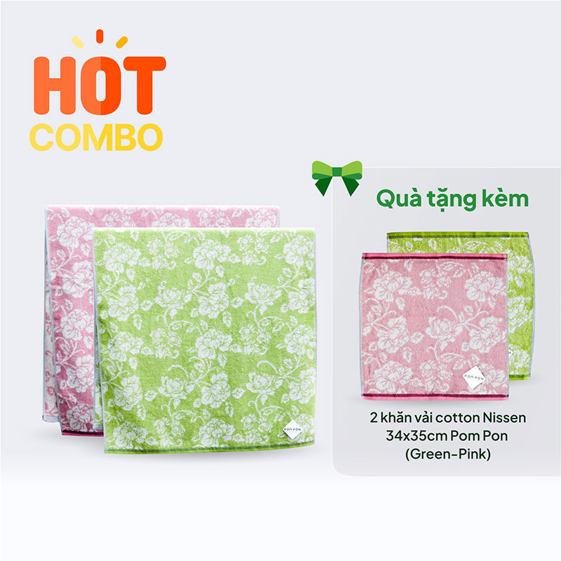 Combo siêu tiết kiệm 2 Khăn vải cotton Nissen 60x120cm Pom Pon tặng 2 Khăn vải cotton Nissen 34x35cm Pom Pon(Green-Pink)