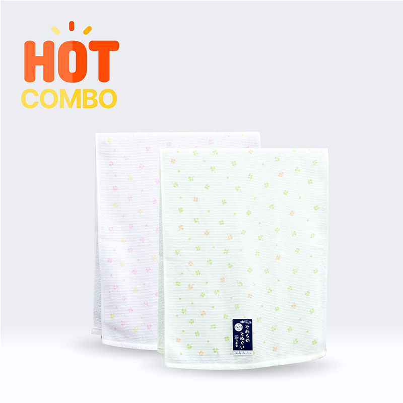 Combo siêu tiết kiệm 2 Khăn Tenugui cotton Nissen 34x90cm Happy Clover (Pink-Yellow)