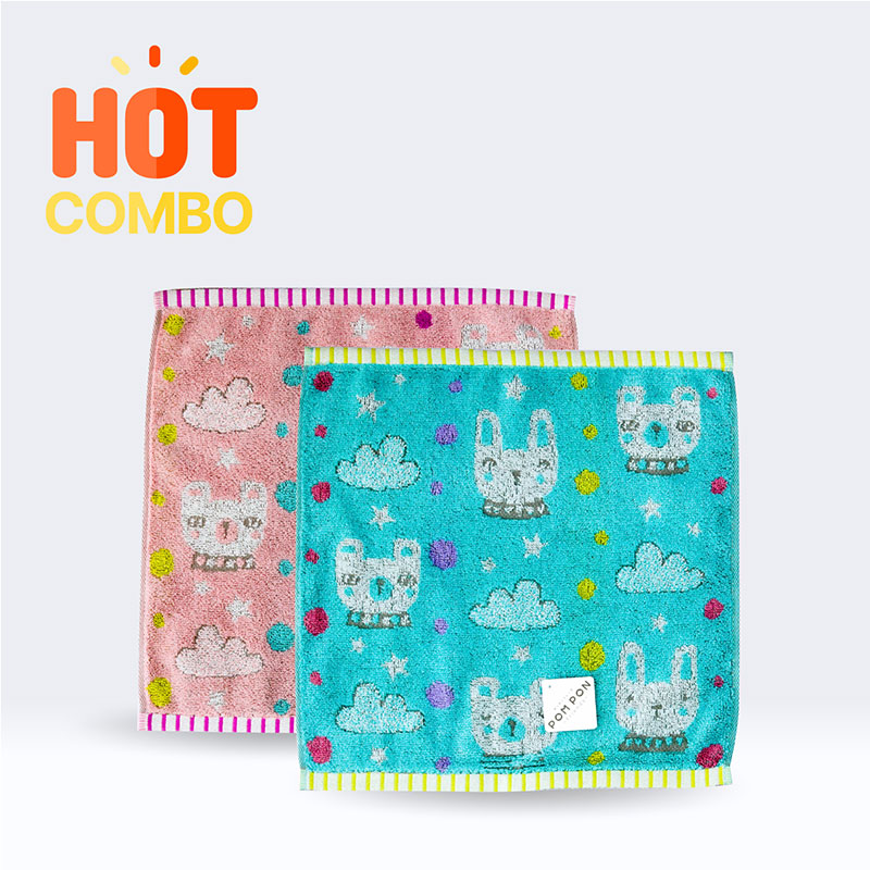 Combo siêu tiết kiệm 2 Khăn vải cotton Nissen 34x34cm Pom Pon Funifuni (Blue-Pink)