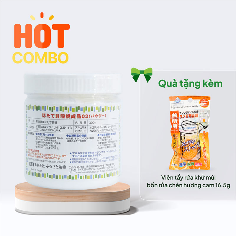 Combo siêu hời mua Bột rửa rau quả từ vỏ sò điệp Hotate 300g tặng Viên tẩy rửa khử mùibồn rửa chén hương cam 16.5g