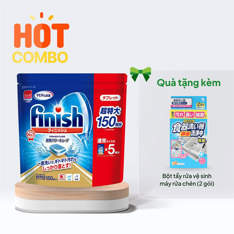 Combo siêu hời mua Viên rửa chén Finish kháng khuẩn, sạch lồng máy 150 viên tặng Bột tẩy rửa vệ sinh máy rửa chén (2 gói)