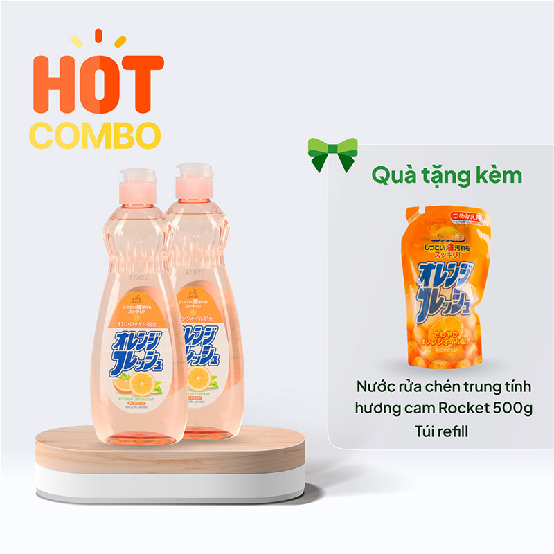 Combo siêu hời mua 2 chai Nước rửa chén trung tính hương cam Rocket 600g tặng 1 túi refill 500ml (cùng loại)