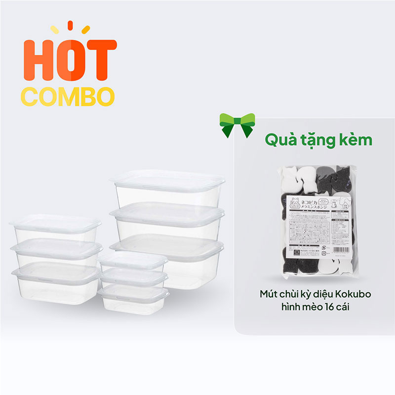 Combo siêu hời mua Bộ hộp nhựa đựng thực phẩm Inomata 9 cái tặng Mút chùi kỳ diệu, mút melamine Kokubo hình mèo 16 cái