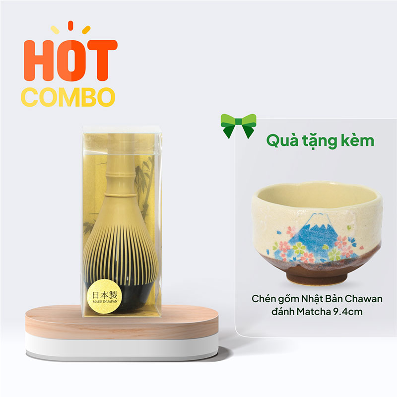 Combo siêu hời mua Chổi Chasen Nhật Bản đánh Matcha nhựa PP tặng Chén gốm Nhật Bản Chawan đánh Matcha 9.4cm