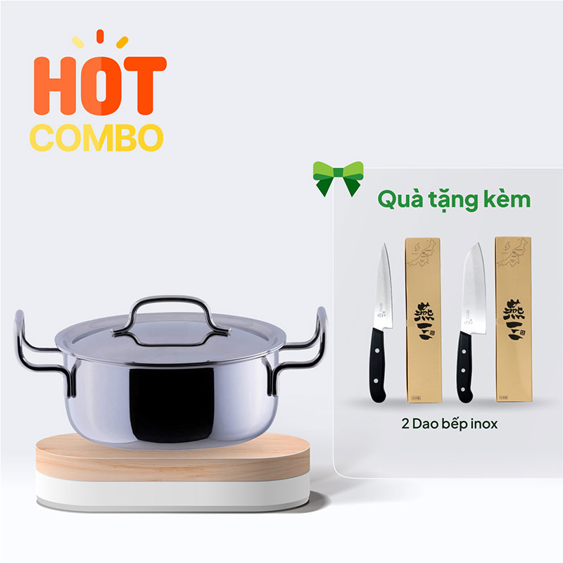 Combo siêu hời mua Nồi inox 304 cao cấp GEO Nhật Bản 7 lớp liền khối chống ăn mòn, gỉ sét 20cm tặng 2 Dao bếp inox