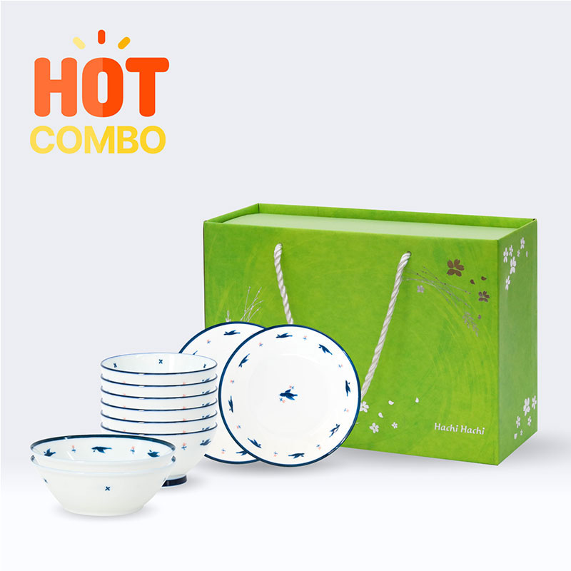 Combo siêu tiết kiệm bộ tô chén đĩa sứ Nhật Bản (6 chén, 2 tô, 2 đĩa) tặng kèm Hộp giấy