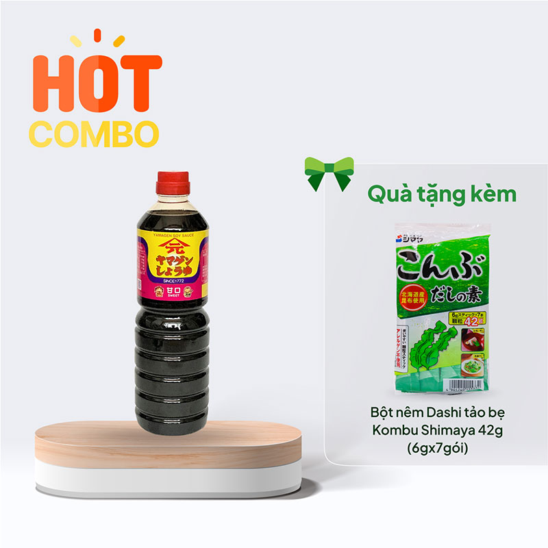Combo siêu hời mua Nước tương đậu nành Shoyu Yamagen vị thanh dịu 1L tặng Bột nêm Dashi tảo bẹ Kombu Shimaya (6gx7gói)