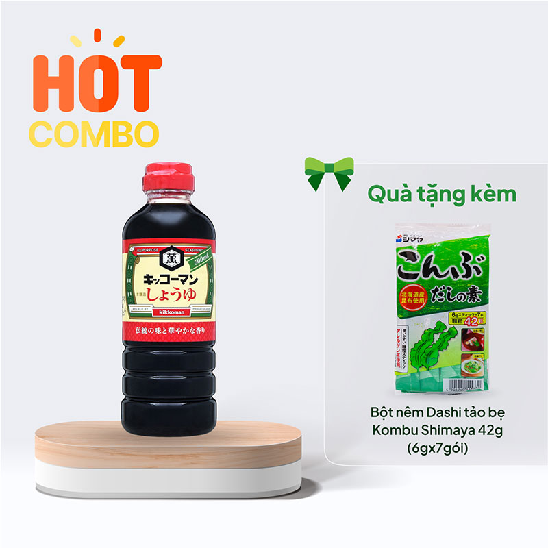 Combo siêu hời mua Nước tương đậu nành vị truyền thống Kikkoman 500ml tặng Bột nêm Dashi tảo bẹ Kombu Shimaya 42g (6gx7gói)