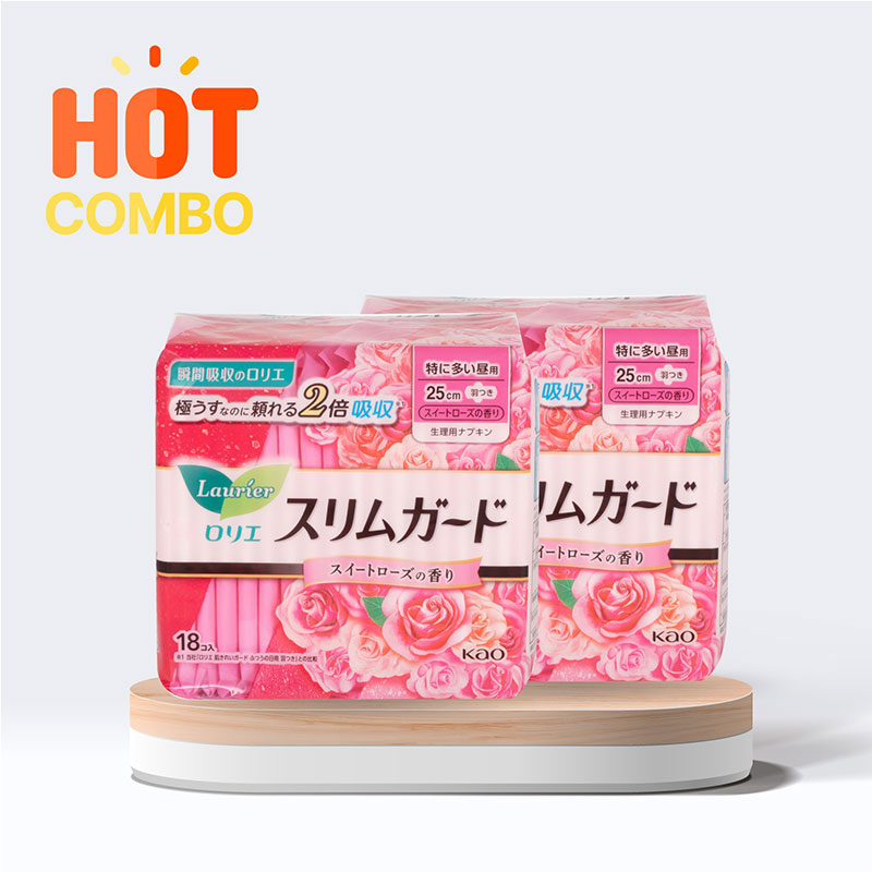 Combo siêu tiết kiệm 2 BVS siêu mỏng có cánh Laurier Slimguard 25cm 18 miếng Hương hoa hồng