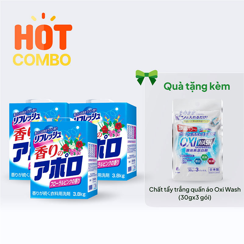Combo siêu hời mua 3 hộp Bột giặt hương hoa Kaori No Appolo 3.8kg tặng 1 túi Chất tẩy trắng quần áo Oxi Wash (30gx3 gói)