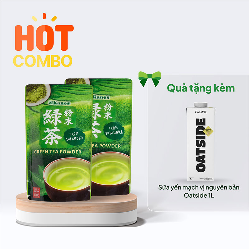 Combo siêu hời mua 2 Bột trà xanh Nhật Bản Green Tea Powder Kanes 100g giá 198,000 tặng thêm 1 Sữa yến mạch vị nguyên bản Oatside 1L