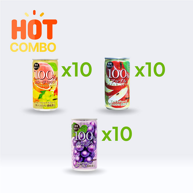 Combo siêu tiết kiệm 1 thùng 30 lon Nước ép nguyên chất Sangaria 190g (10 lon trái cây , 10 lon nho, 10 lon táo)