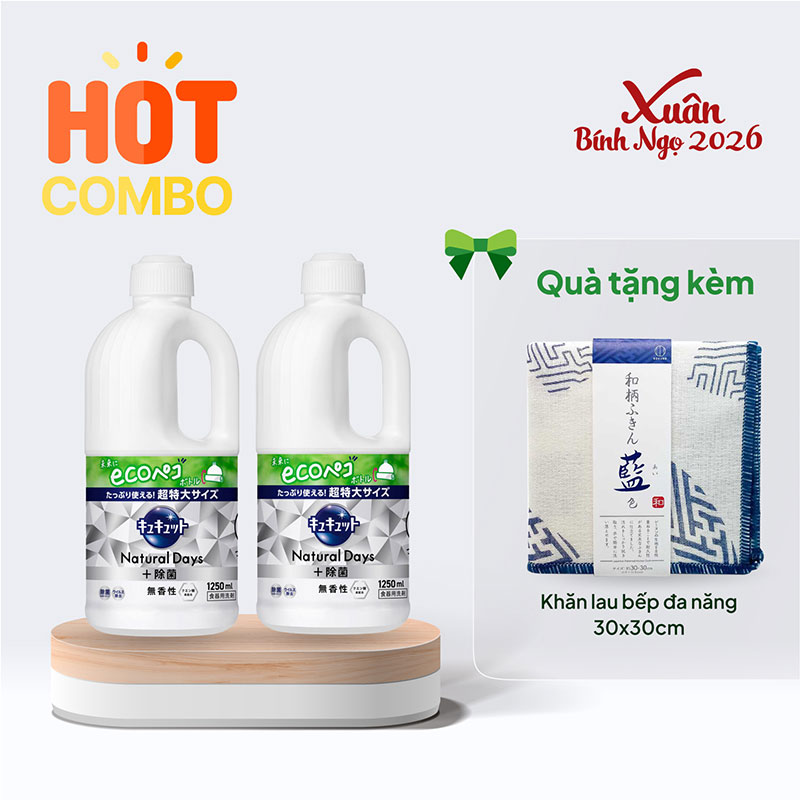 Combo siêu hời mua 2 Nước rửa chén Kyukyuto Kao không hương 1.25L tặng Khăn lau bếp đa năng 30x30cm