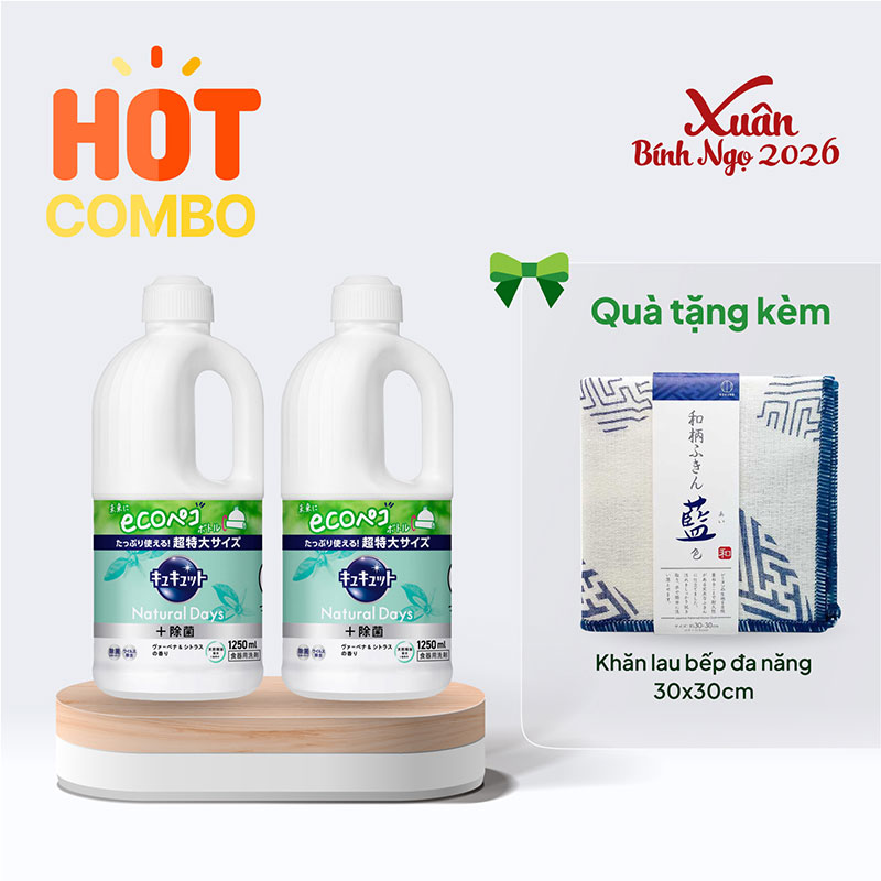 Combo siêu hời mua 2 Nước rửa chén Kyukyuto Kao hương cam chanh thảo mộc 1.25L tặng Khăn lau bếp đa năng 30x30cm