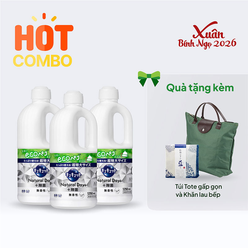 Combo siêu hời mua 3 Nước rửa chén Kyukyuto Kao không hương 1.25L tặng Túi Tote gấp gọn (Xanh rêu) và Khăn lau bếp đa năng