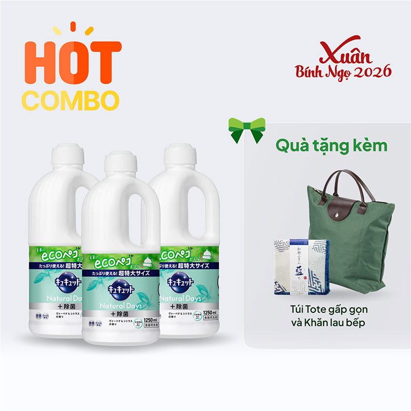 Combo siêu hời mua 3 Nước rửa chén Kyukyuto Kao hương cam chanh thảo mộc 1.25L tặng Túi Tote gấp gọn và Khăn lau bếp