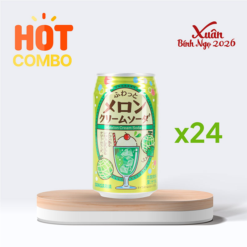 Combo siêu tiết kiệm 1 thùng 24 lon Soda kem dưa lưới Sangaria 350g