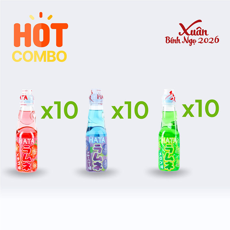 Combo siêu tiết kiệm 1 thùng 30 chai Soda Ramune 200ml (10 hương dưa lưới- 10 việt quất- 10 dâu)