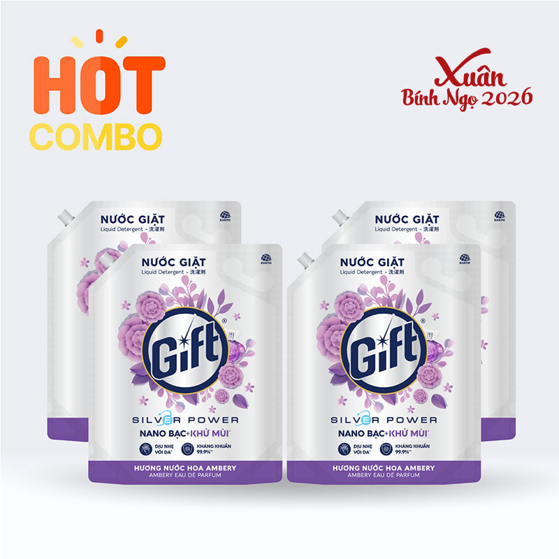 Combo siêu tiết kiệm 1 thùng 4 túi Nước giặt Gift Hương nước hoa Ambery túi 3.6kg