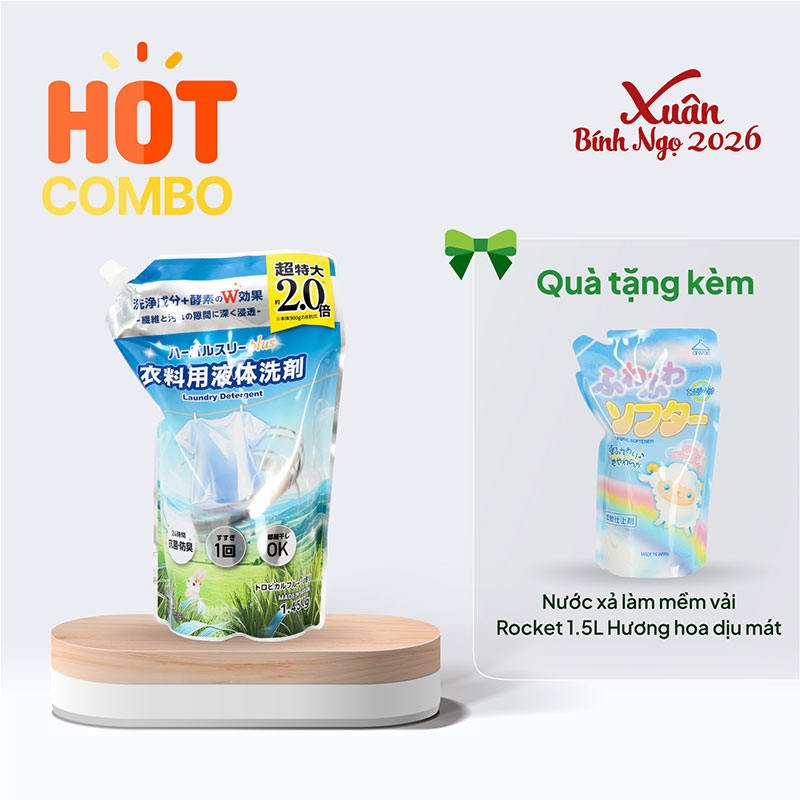 Combo siêu hời mua Nước giặt kháng khuẩn khử mùi Mitsuei Hương hoa trái 1.45kg tặng Nước xả làm mềm vải Rocket 1.5L Hương hoa dịu mát