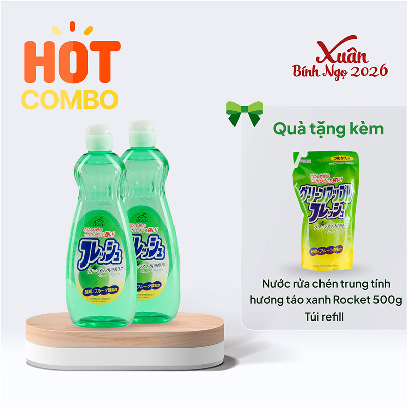 Combo siêu hời mua 2 chai Nước rửa chén trung tính hương táo xanh Rocket 600g tặng 1 túi refill 500ml (cùng loại)